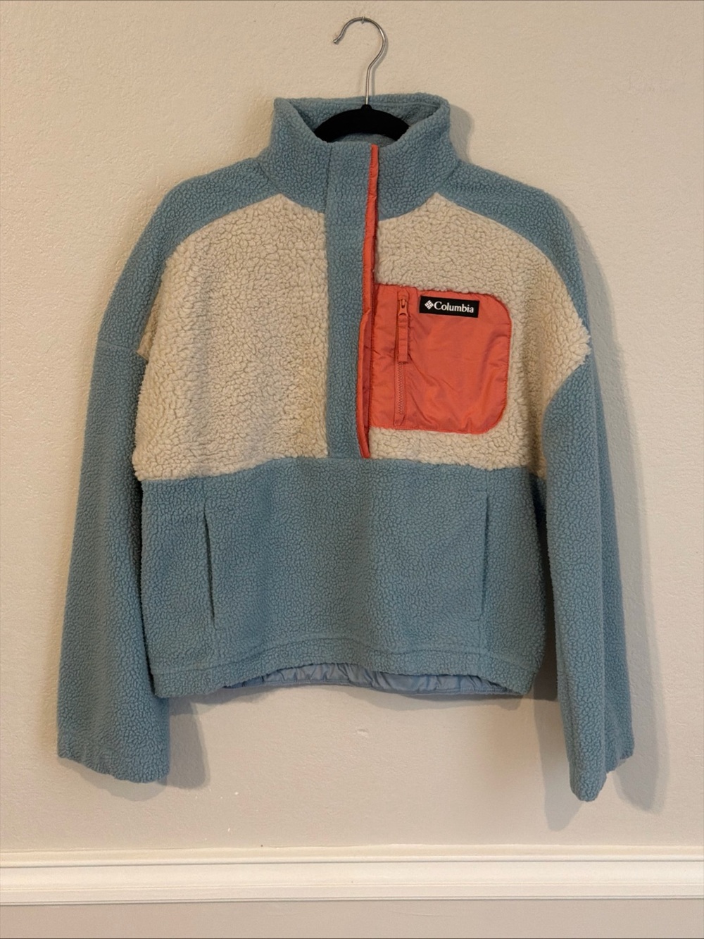 Columbia Lodge Sherpa Pullover, Snap Button, Color Stone Blue, Size Small